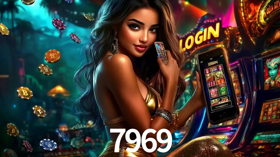 Mulher em um cenário de cassino temático de aventura, mostrando o app de caça-níqueis da 7969 no celular. Fichas de apostas flutuam ao redor.